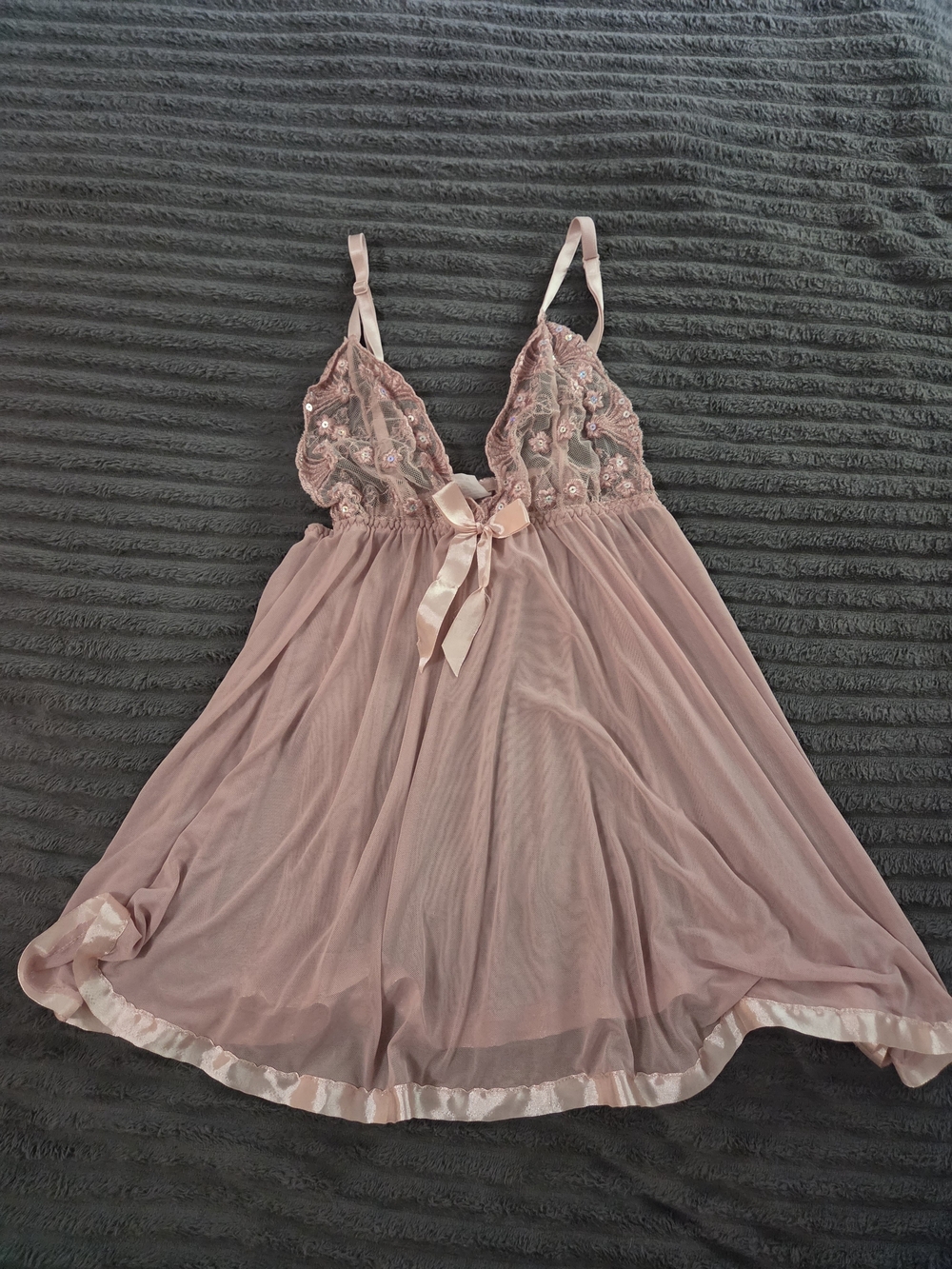 Sheer Lace & Mesh Babydoll Nightdress in Dusty Pink